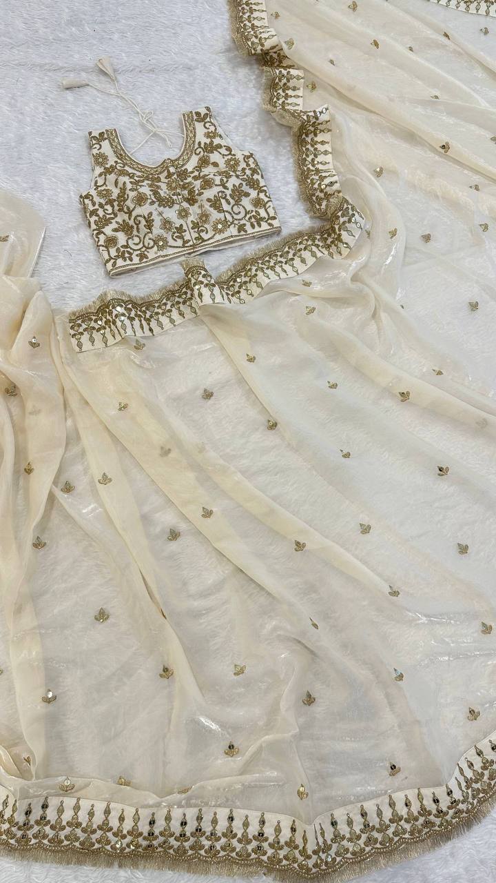 House of Kurtas Cream Georgette Dinner Saree with Blouse