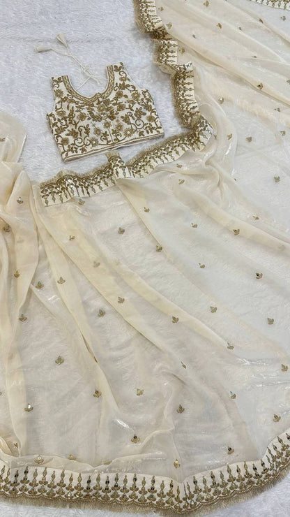 House of Kurtas Cream Georgette Dinner Saree with Blouse