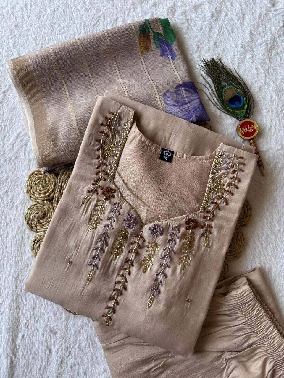 Laksharaa Sarees Festive Special mul Chanderi Kurti Set Champagne Flat Lay with Accessories