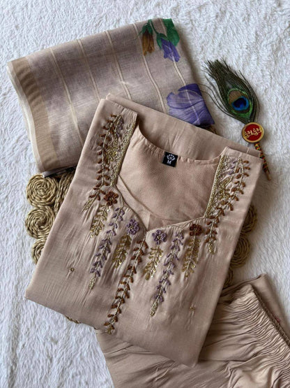 Laksharaa Sarees Festive Special mul Chanderi Kurti Set Champagne Flat Lay with Accessories