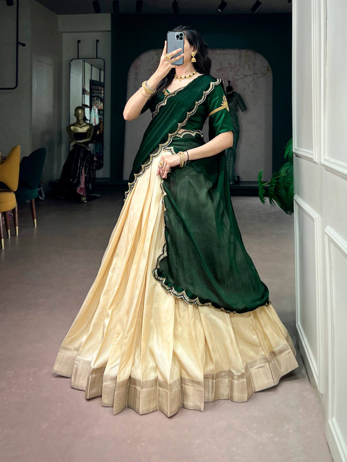 Laksharaa Sarees SAINDAVI Lehenga Set Champagne and Forest Green Front View with Dupatta