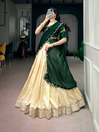 Laksharaa Sarees SAINDAVI Lehenga Set Champagne and Forest Green Front View with Dupatta
