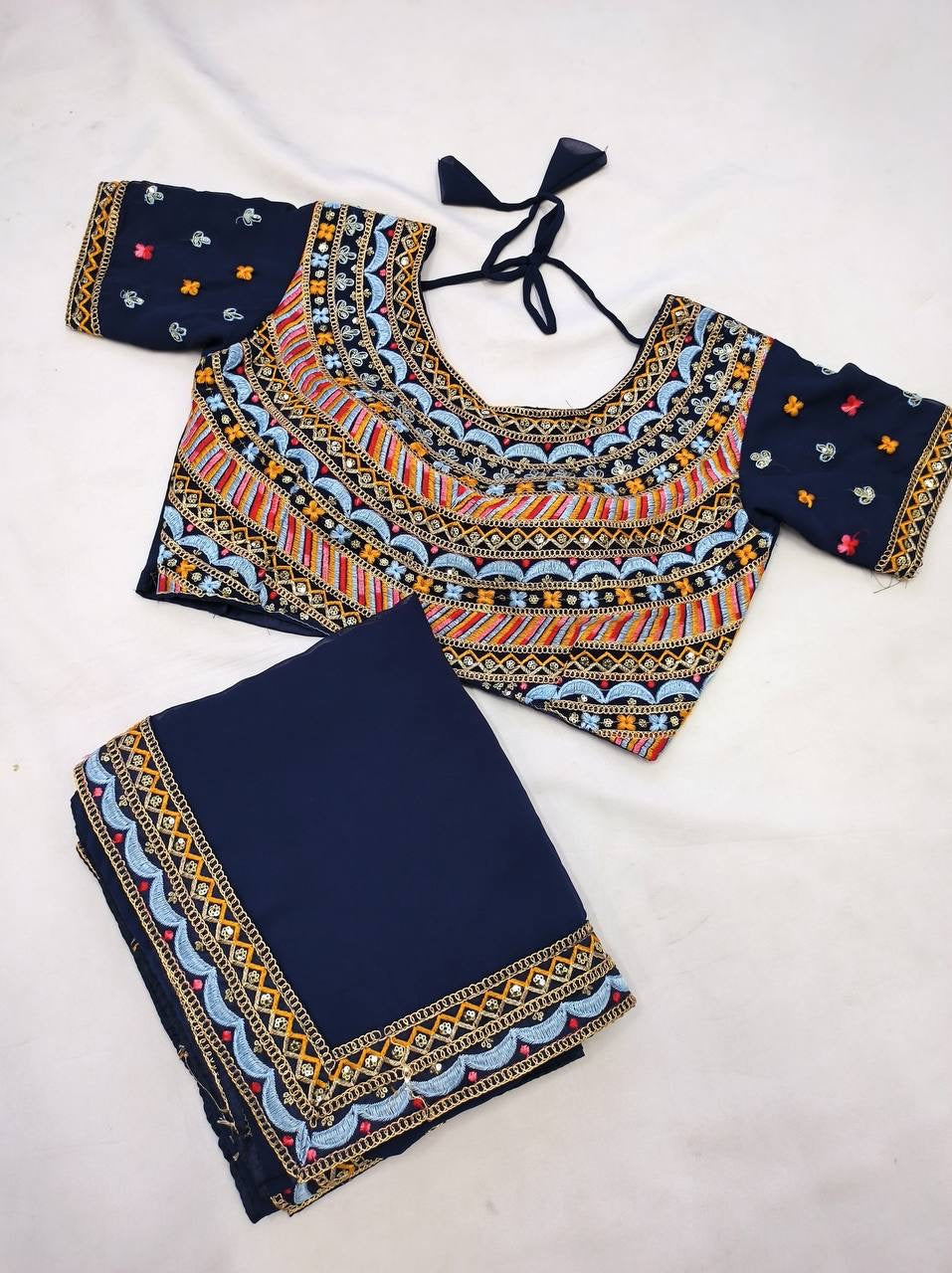 Navy Blue Readymade Saree x Stitched designer blouse