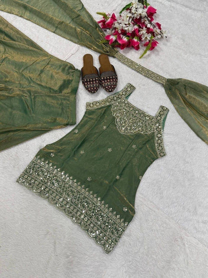 AVIRA Shimmer Silk Suit Sage Green Flat Lay Top and Dupatta