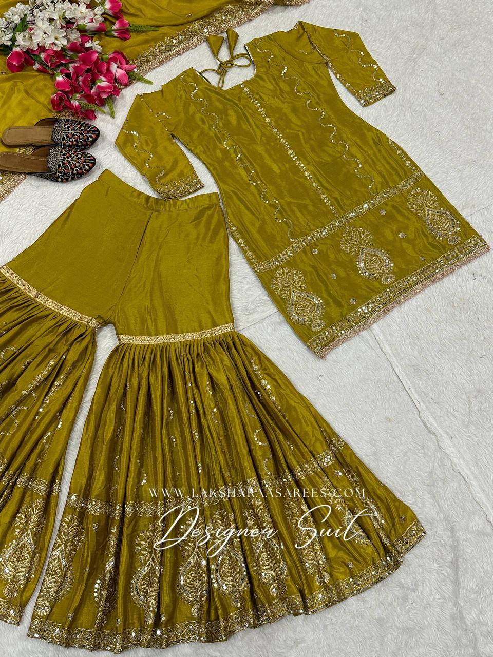 Laksharaa Sarees Abira Sharara Suit Olive Green Flat Lay Full Suit