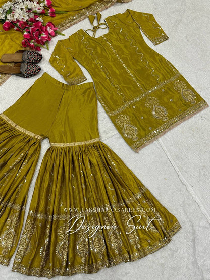 Laksharaa Sarees Abira Sharara Suit Olive Green Flat Lay Full Suit