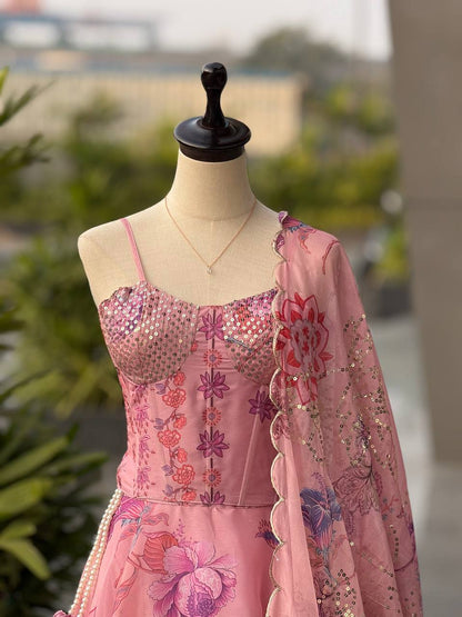 Laksharaa Sarees DIANA Pink Floral Corset Style Partywear Lehenga Corset Detail Front