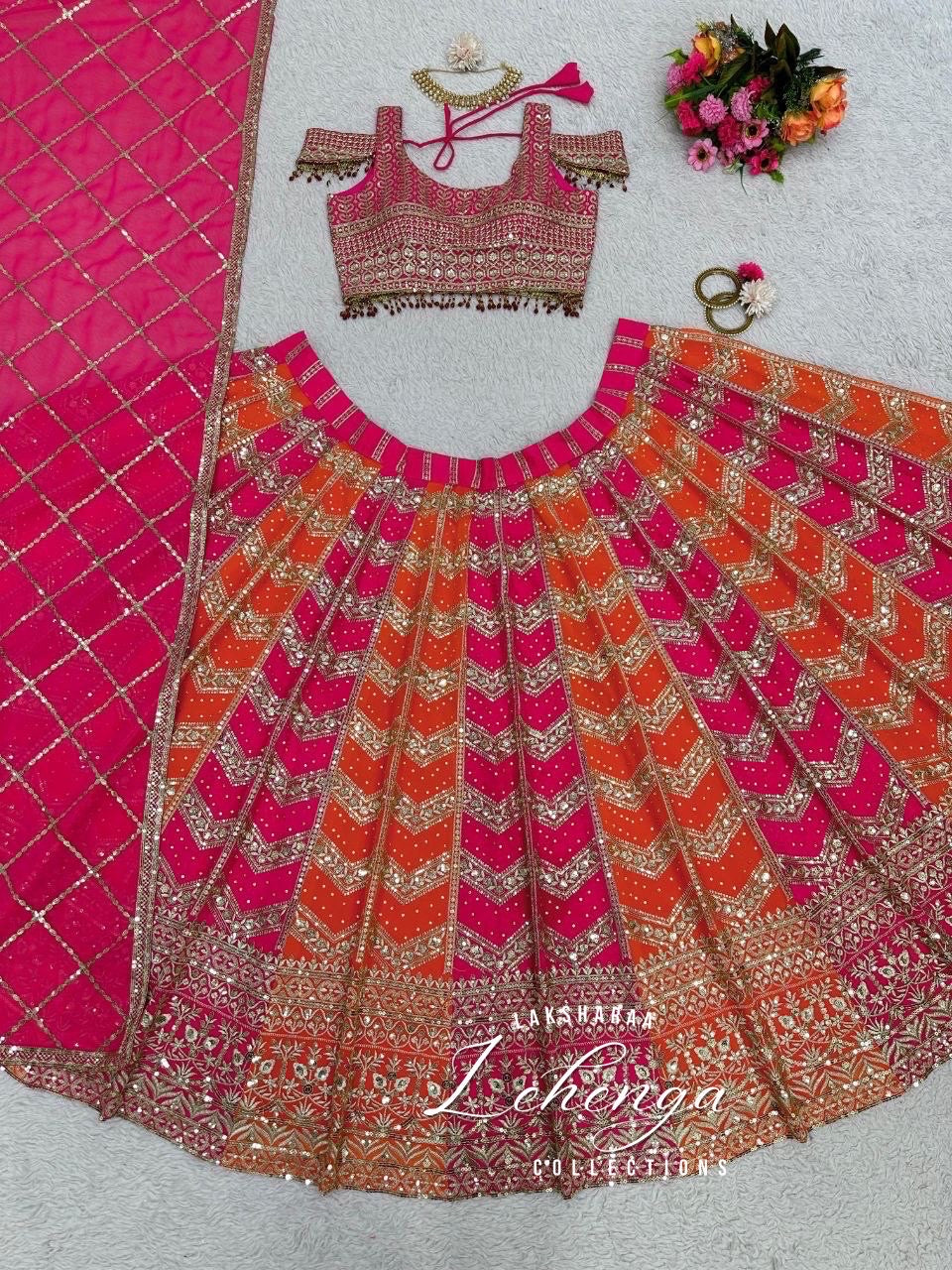 JUHI - Pink x Orange Multi Coloured lehenga