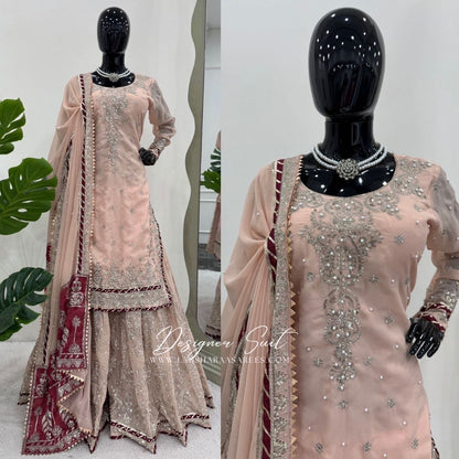 MAVISHA — Peach x Maroon Premium Pallazo Designer Suit