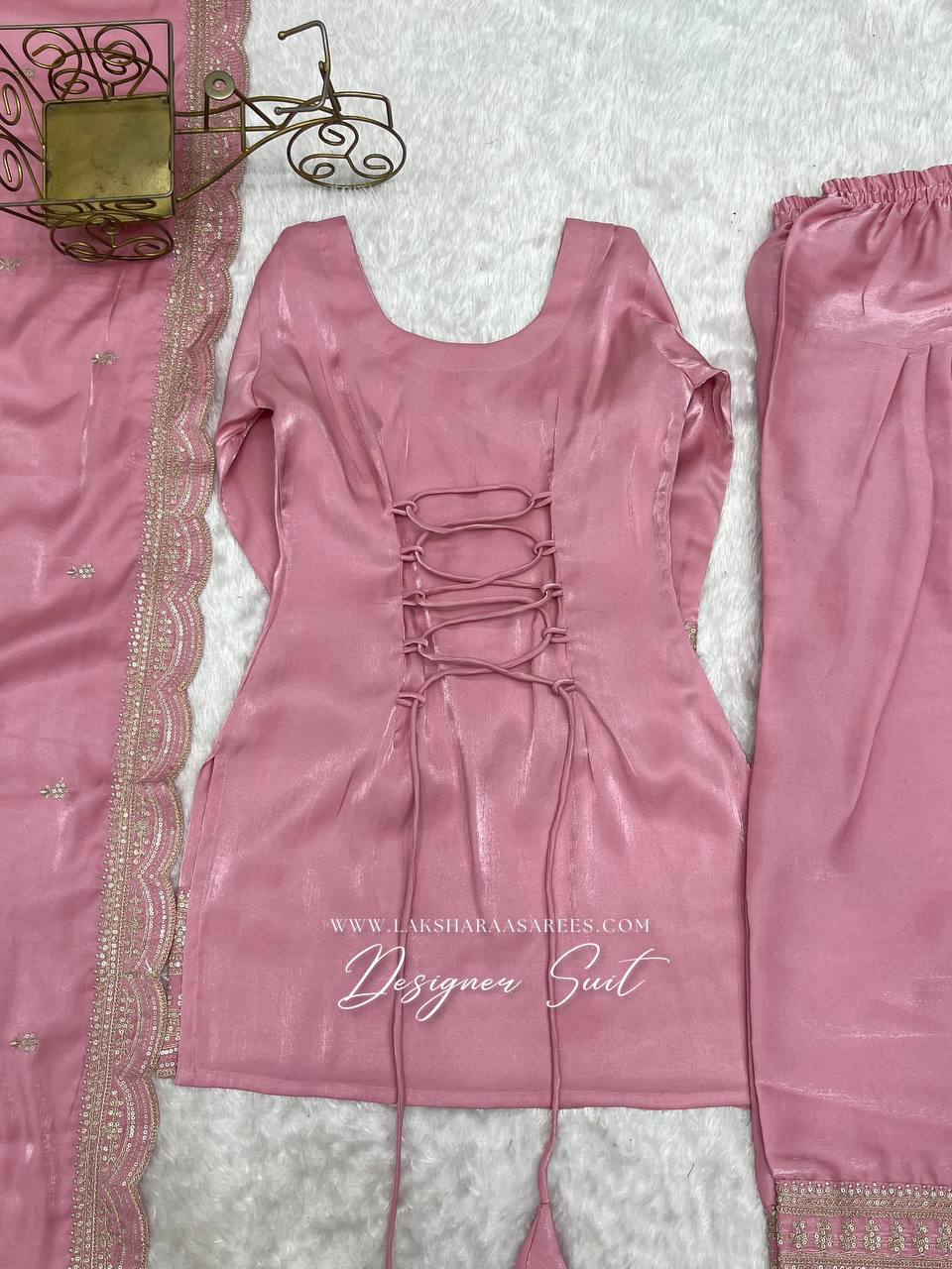 Laksharaa Sarees PAIGE Farshi suit Buttery Pink laid out with corset detail