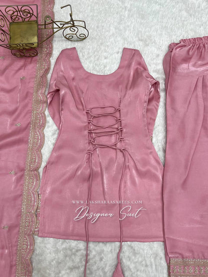 Laksharaa Sarees PAIGE Farshi suit Buttery Pink laid out with corset detail