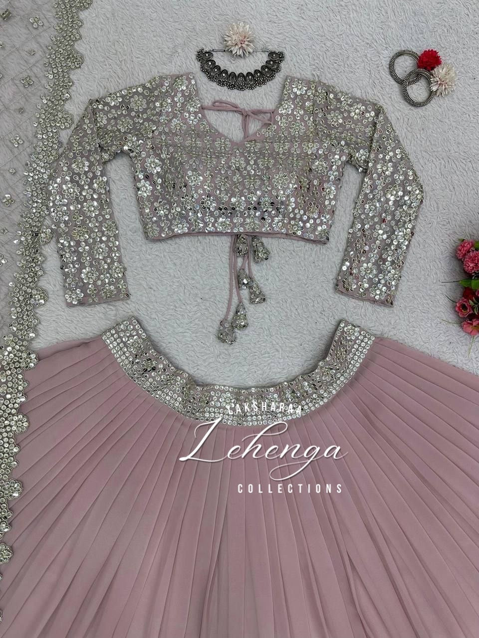 SAVITAA - Mauve Pink x Silver Georgette Lehenga with Stunning Duppata