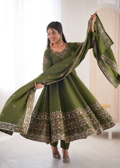 Laksharaa NAVIRA Roman Silk Anarkali Suit Olive Green Twirling Pose