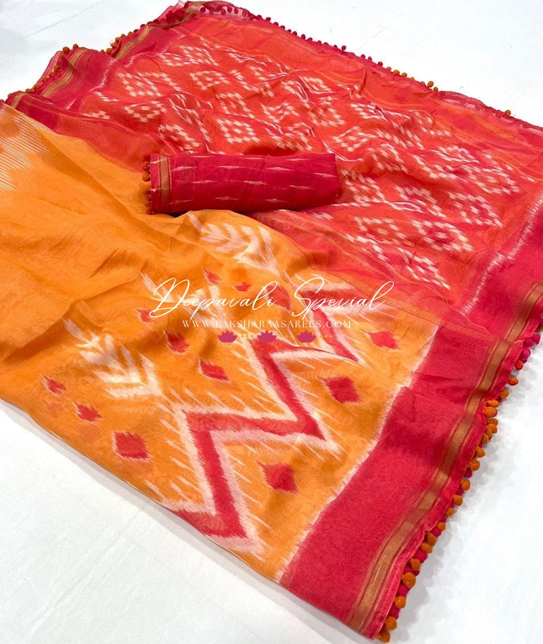 Colourful Mul Mul Cotton Saree x Pom Pom Border