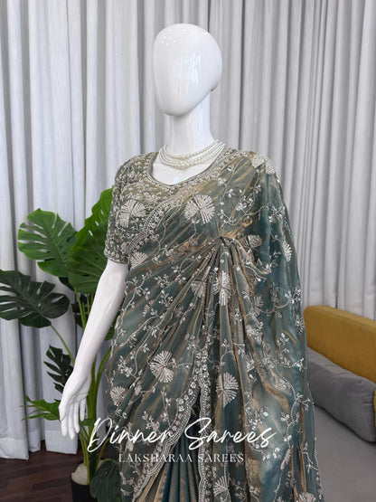 Laksharaa Sarees MERLIN Grey Shimmer Partywear Saree with sequin work on mannequin, front view