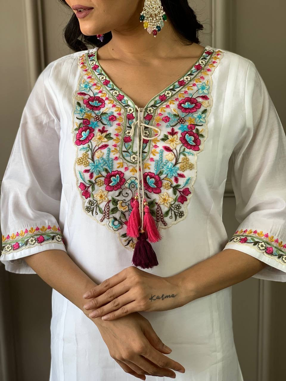 Premium White Kurti Set x Grand Floral Neckline