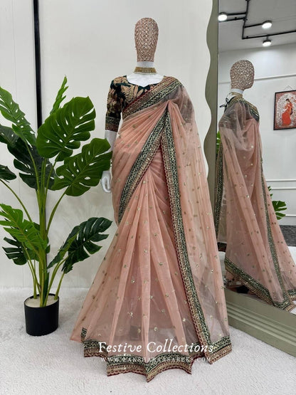 SAKSHII - Peach Partywear Shimmer Net Saree x Green Designer Blouse