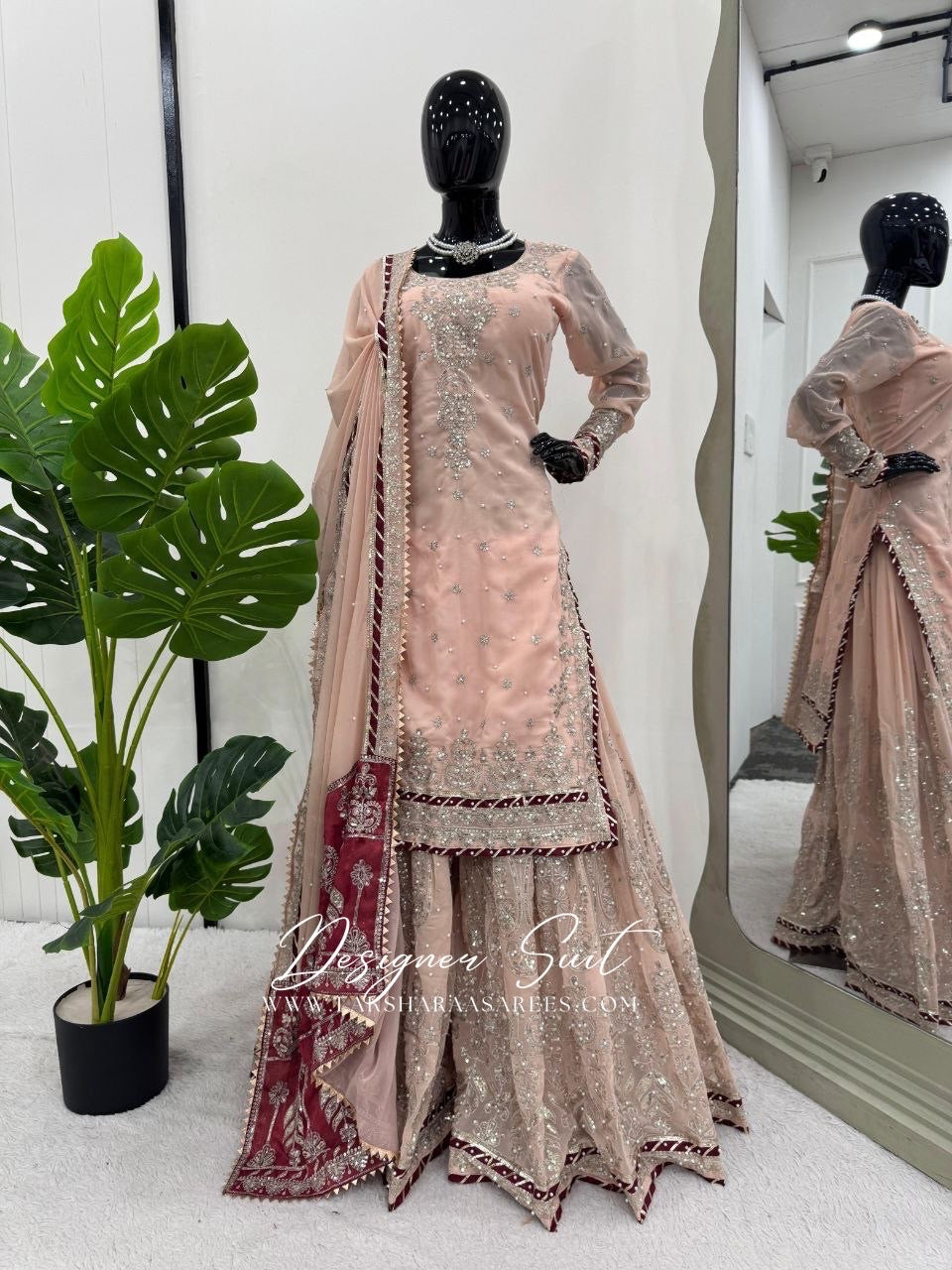 MAVISHA — Peach x Maroon Premium Pallazo Designer Suit