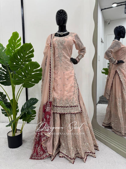 MAVISHA — Peach x Maroon Premium Pallazo Designer Suit