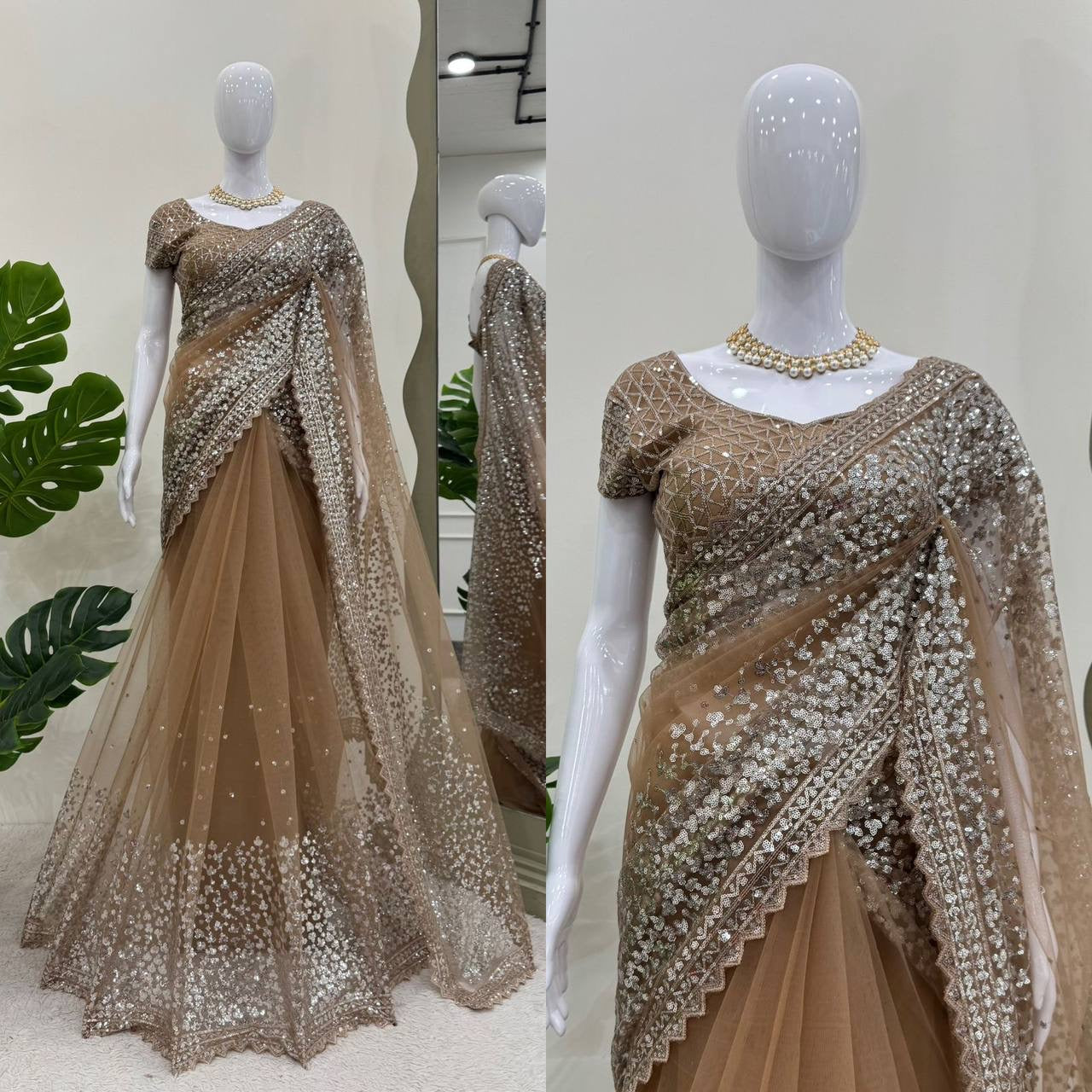 ELLE - Champagne Brown Georgette Net Dinner Saree