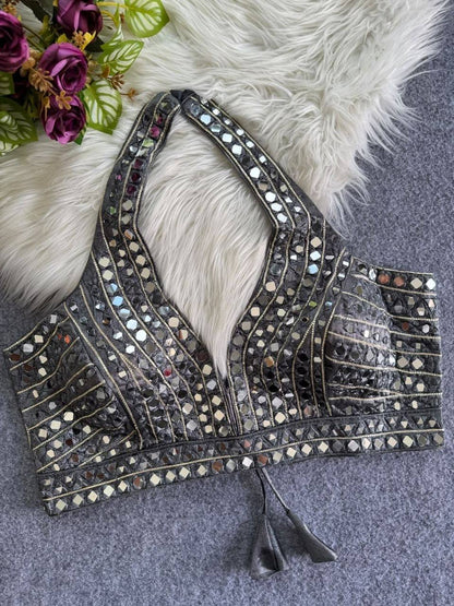 Laksharaa Sarees Readymade Halter top mirrors work blouse Charcoal