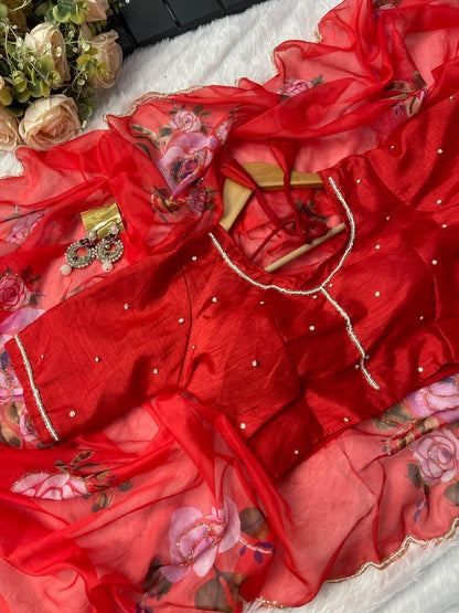 Red Rose Organza Saree paired with Readymade Blouse 🌹