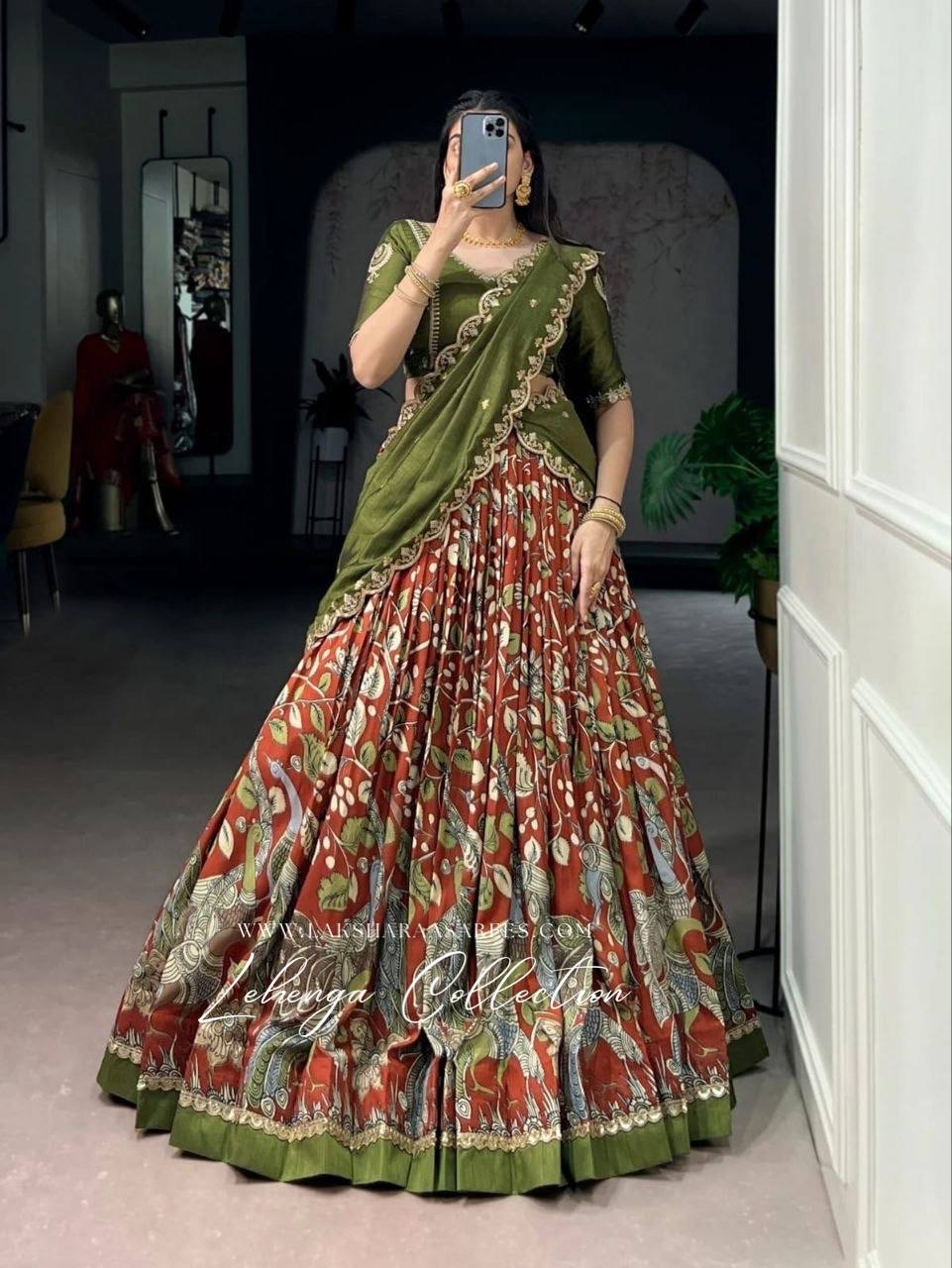 Laksharaa Sarees MEERA Dola Silk Kalamkari Half Saree Lehenga Burnt Orange and Olive Green