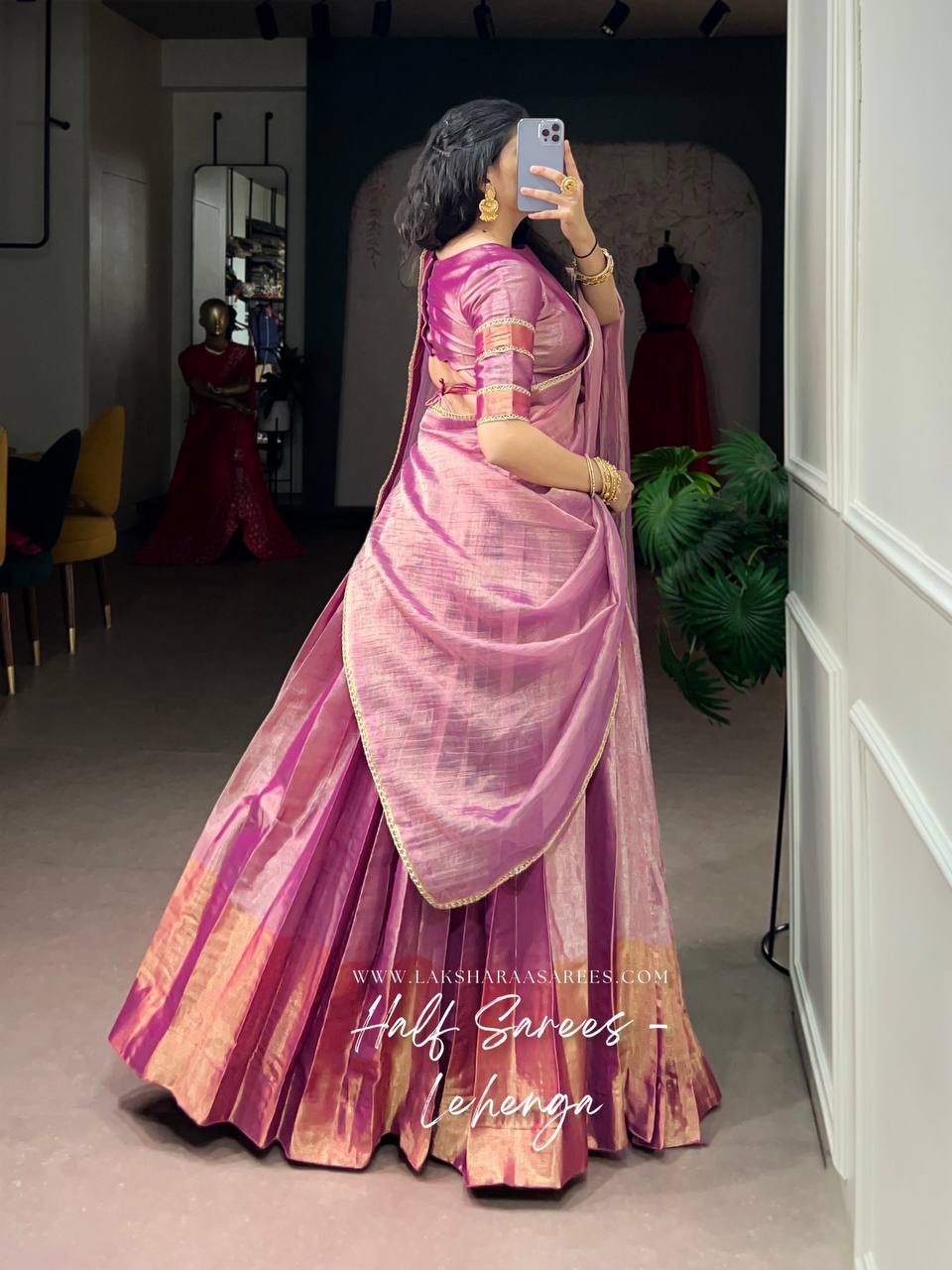 Laksharaa Sarees GEETHA — PINK tissue Zari half saree lehenga Pink