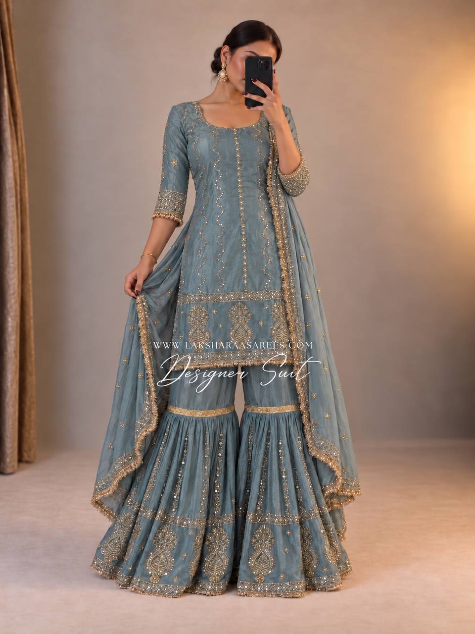 Laksharaa Sarees Abira Sharara Suit Dusty Blue Model Wearing Full Suit