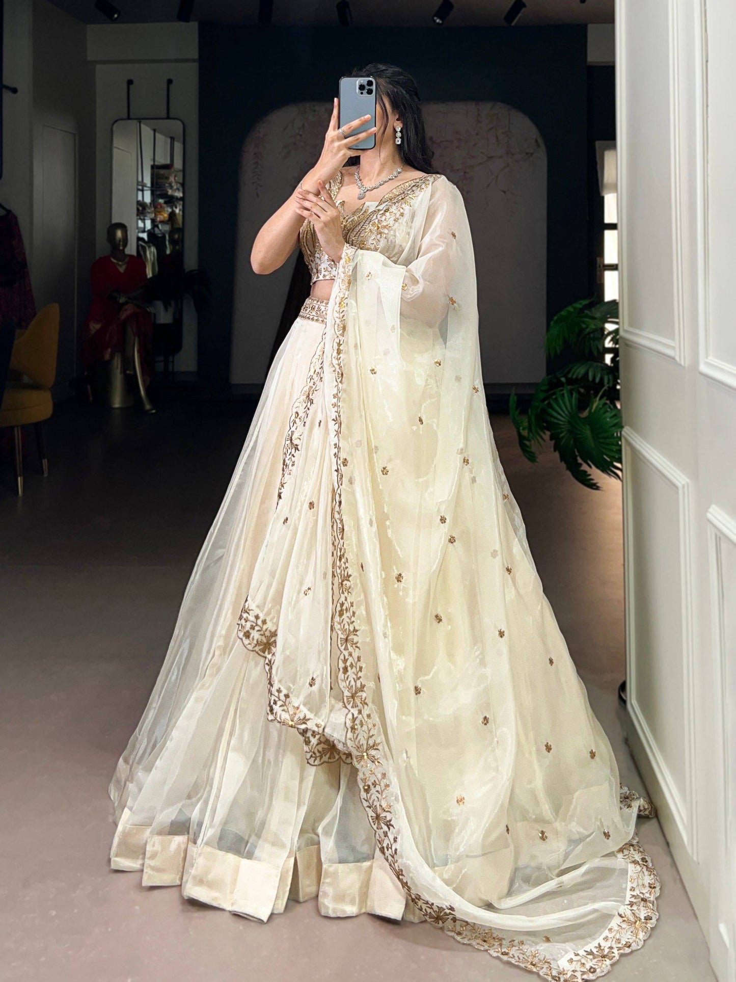 Laksharaa Sarees AVINA - Chanda Silk Lehenga Off-White front view with dupatta