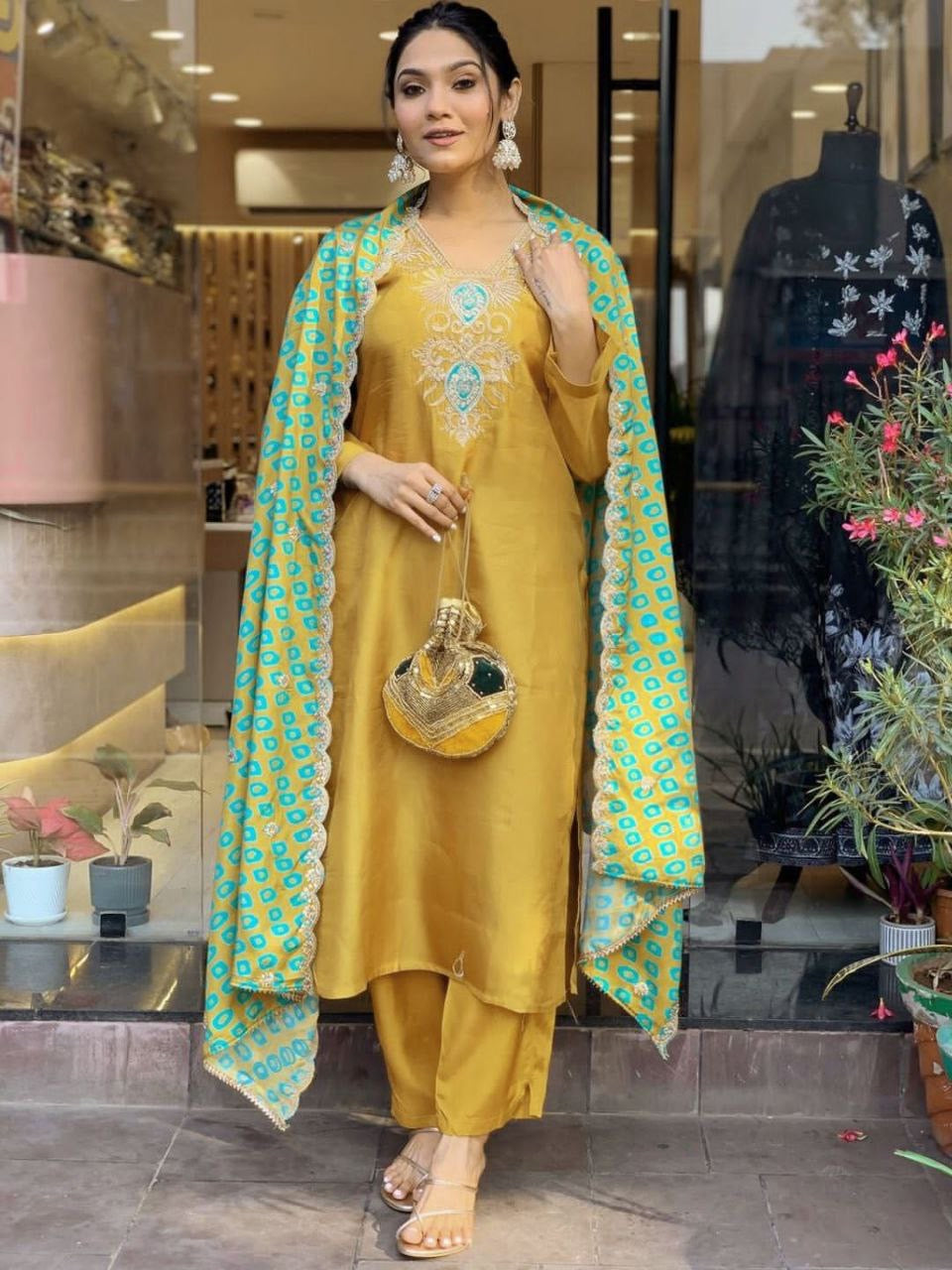 Mustard Gold Kurti x Green Duppata Set