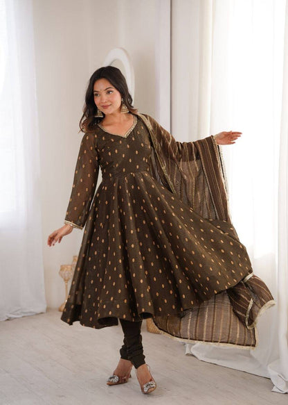 Laksharaa Sarees SHAKIRA — Crunchy Silk Anarkali Suit Dark Brown Posing with Dupatta