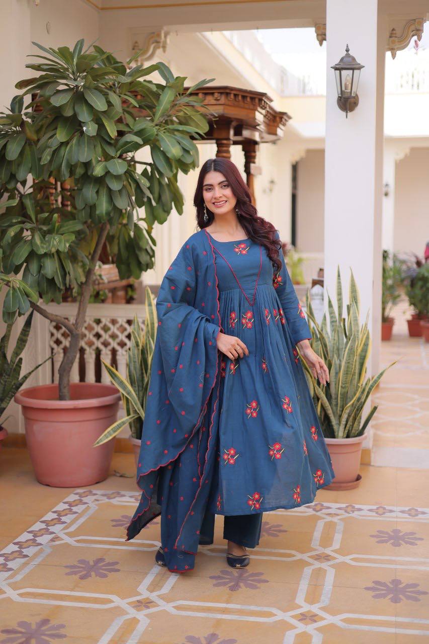 Laksharaa Sarees Floral Cotton Comfy Kurti Set Midnight Blue Front View