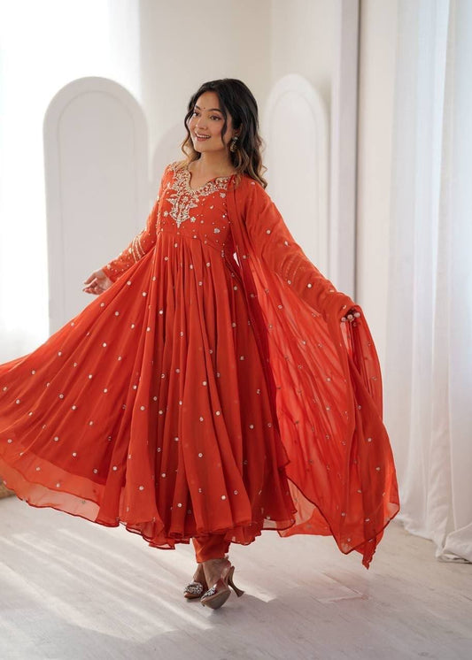 Laksharaa Sarees MAHASI - Georgette Anarkali Burnt Orange Front View Twirling