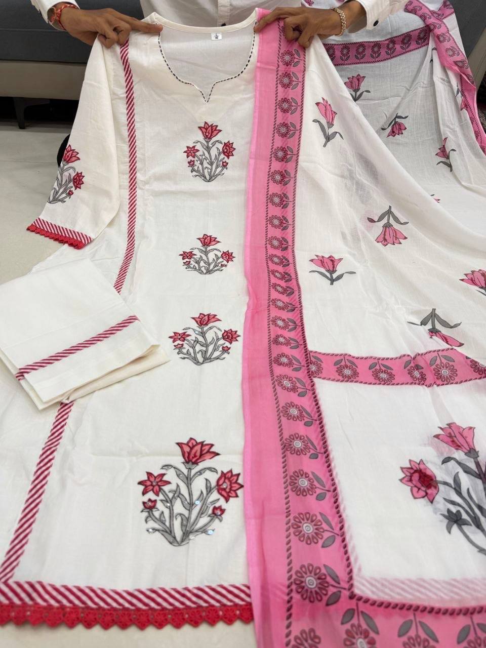 Laksharaa Sarees Summer Special - pink Jaipur Cotton Kurti Set Off-White Full Set View