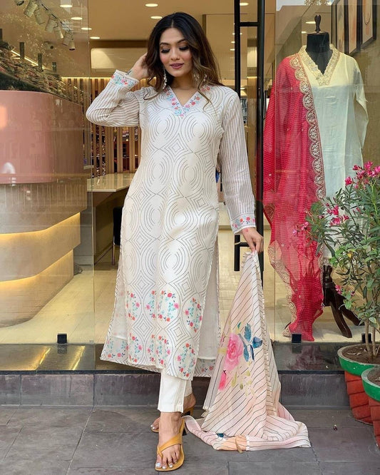 White Floral Kurti Set