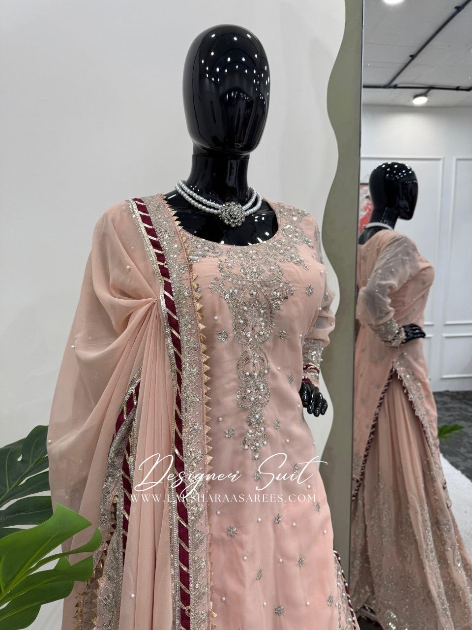 MAVISHA — Peach x Maroon Premium Pallazo Designer Suit