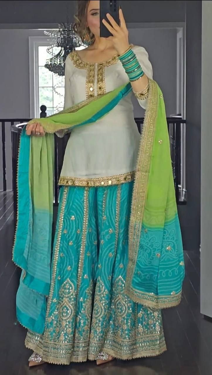 Beautiful Green x White Pallazo Designer Suit