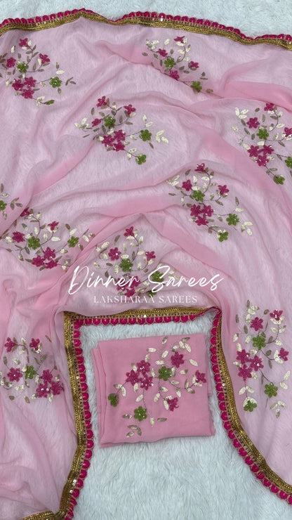 ISHTA - Floral Georgette Saree x Pink Tassel Border