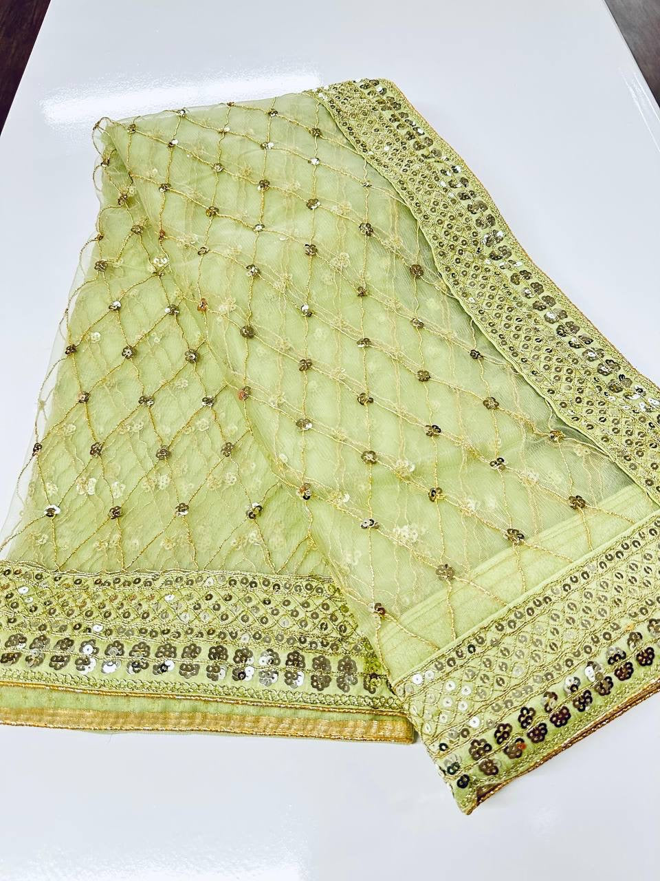 Green x Gold Partywear Net Sequinned Saree