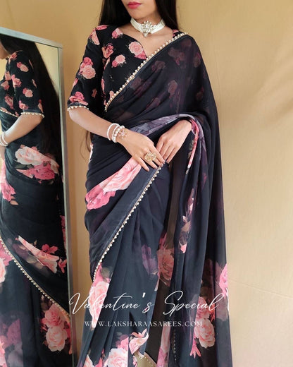 Georgette Floral Saree x Pearl Border