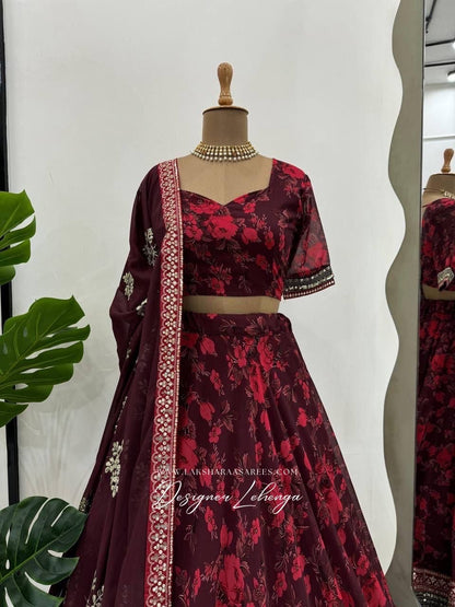 Maroon x Red Floral Georgette Lehenga