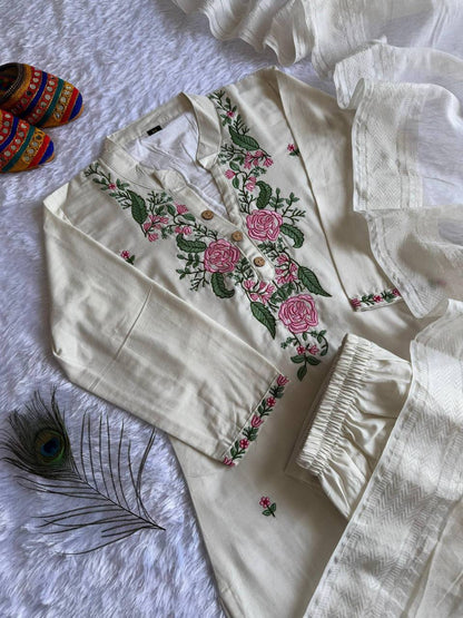 Laksharaa Sarees Cream Floral Kadhi Cotton Kurti Set Cream