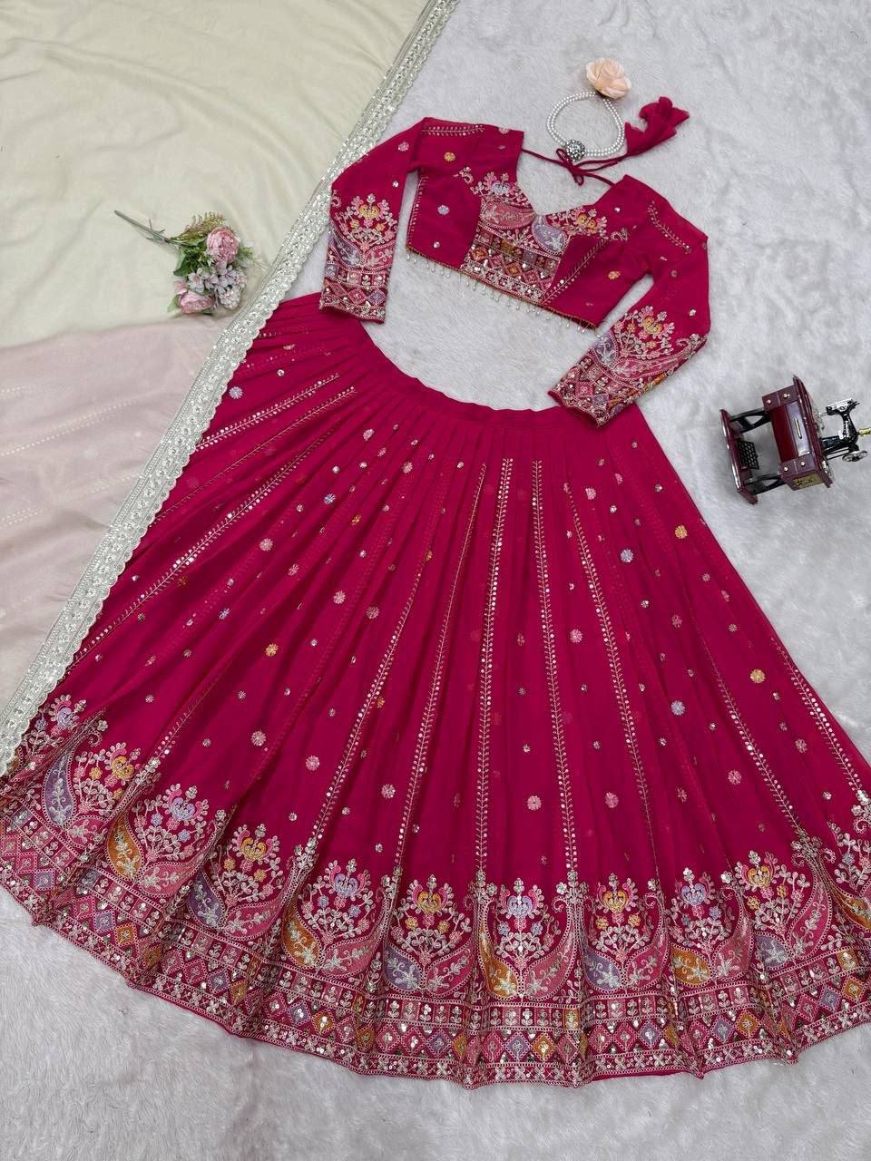 Laksharaa Sarees HANUYA — Pink Partywear Lehenga Pink Flat Lay Overhead View