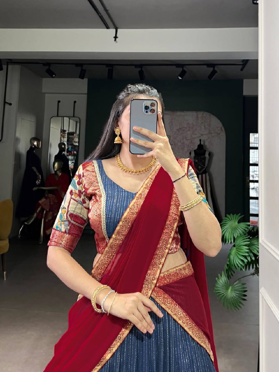 Laksharaa Sarees Kalamkari Chanderi Silk Half Saree Lehenga Blue