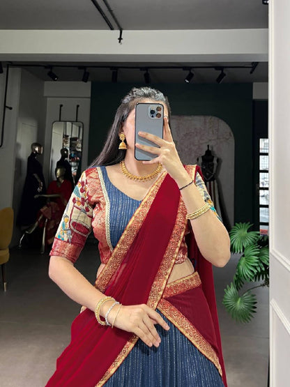 Laksharaa Sarees Kalamkari Chanderi Silk Half Saree Lehenga Blue