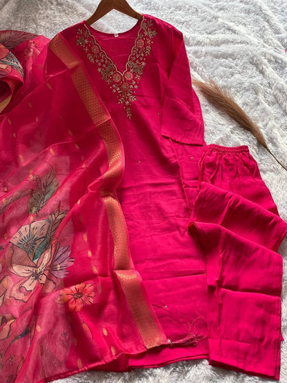 Rani Pink Floral Kurti Set