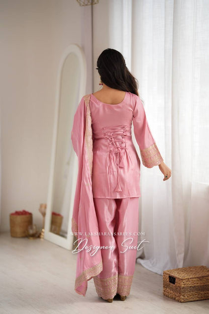 Laksharaa Sarees PAIGE Farshi suit Buttery Pink worn by model, back view showing corset lacing