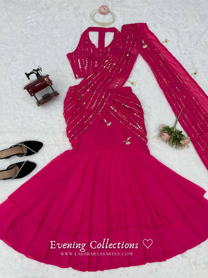 Laksharaa Sarees TALIA Lehenga Saree Hot Pink Flat Lay Full Skirt