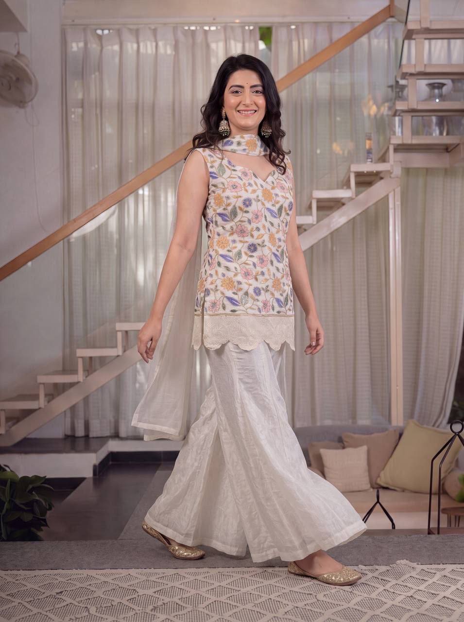 Laksharaa Sarees DILARA - Shimmer Sharara Suit Off-White Front View Walking